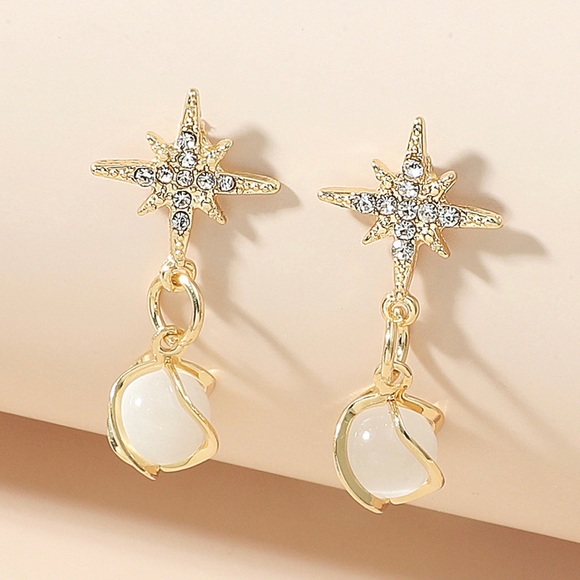 Any 2/$20! Gold w/Crystal Star & Moonstone Drop Earrings - Picture 3 of 7